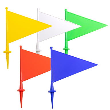 Small plastic pennant flags with integrated spike for sticking in the ground.  In various colours