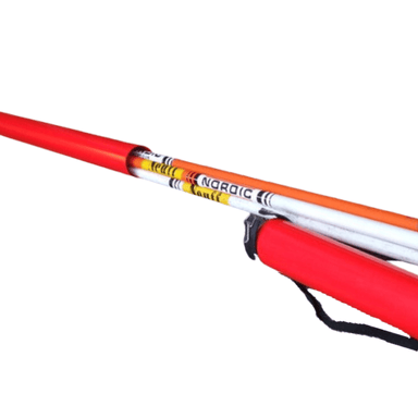 Red hard case for carrying vaulting poles. Sliding head to adjust length. With black handles and 'Neuff' label.